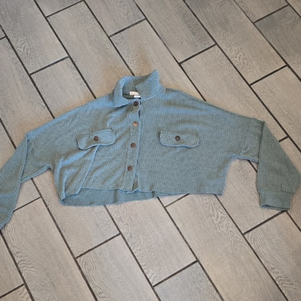 Altar'd State Sage Green Waffle Knit Cropped Button‎ Down Cardigan